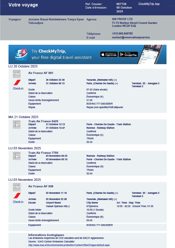 attestation de vol officielle pour demande de visa