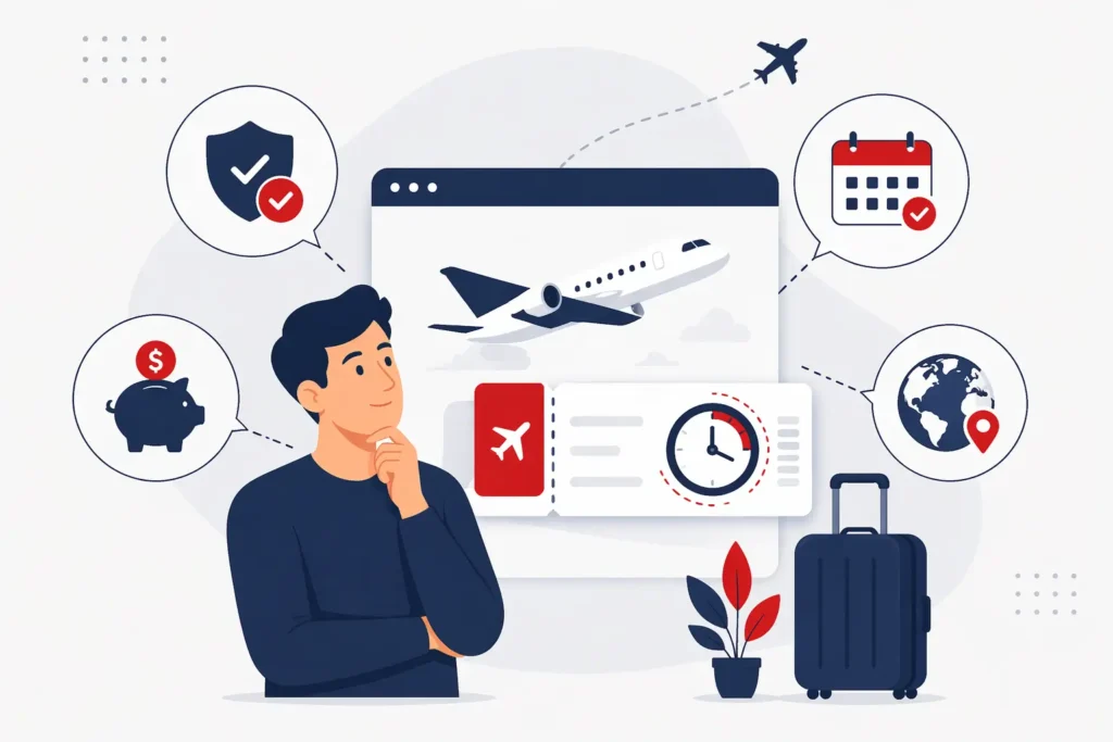 Illustration montrant les avantages d’une pré réservation de billet d’avion avec des icônes de sécurité, économies et planification