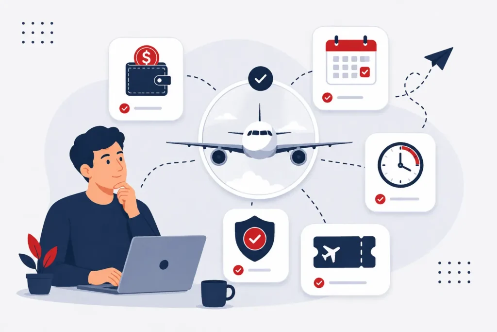 des avantages d’une réservation de vol gratuite avec icônes de gain de temps, sécurité et flexibilité