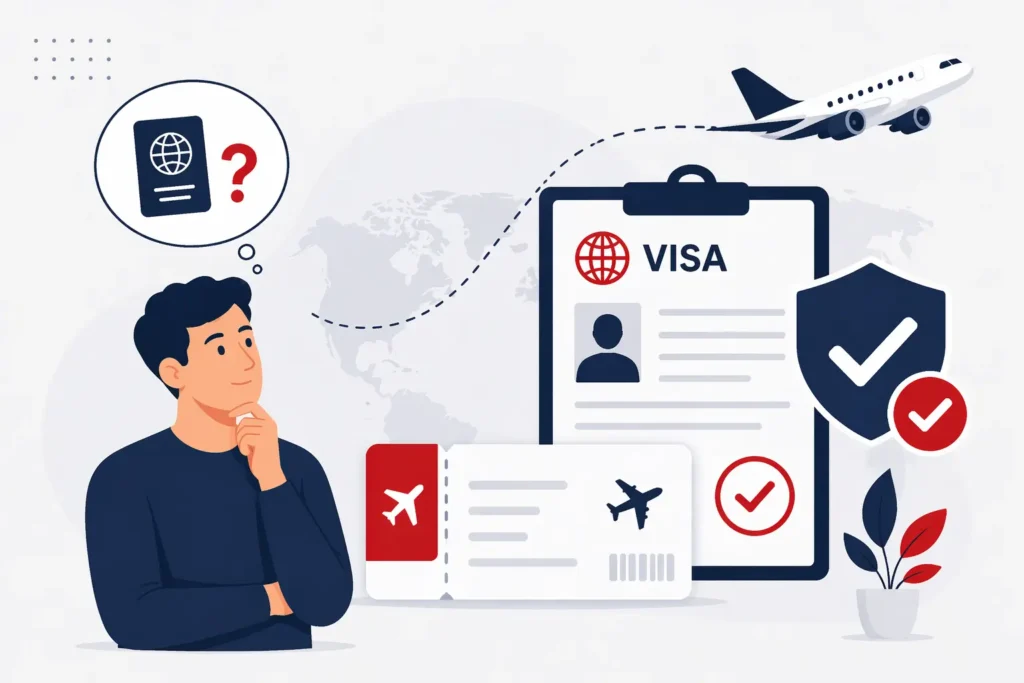 Illustration d’un billet d’avion et d’un document de visa avec un symbole de validation pour une demande de visa