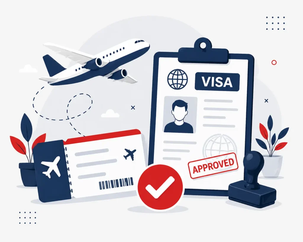 un voyageur avec passeport et validation de visa avec billet d’avion et symbole de confirmation