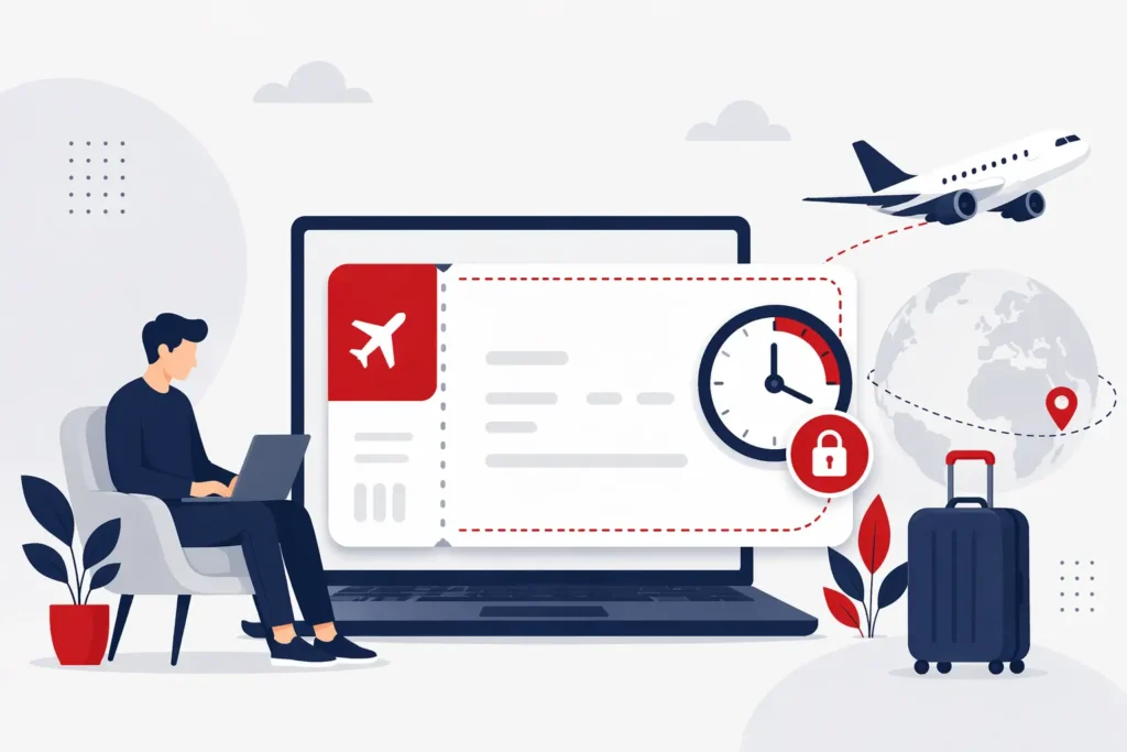 Illustration d’une pré réservation de billet d’avion gratuite avec un ticket, une horloge et un utilisateur en ligne