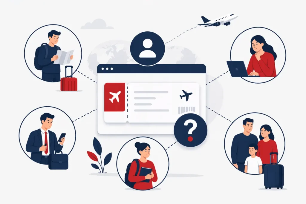 Illustration de différents profils de voyageurs utilisant une pré réservation de billet d’avion en ligne