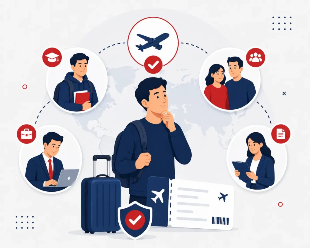 différents profils de voyageurs utilisant un service de réservation de vol avec billet et avion