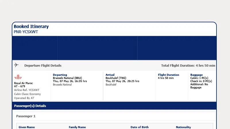 Exemple de document de pré-réservation de billet d'avion avec numéro PNR pour visa