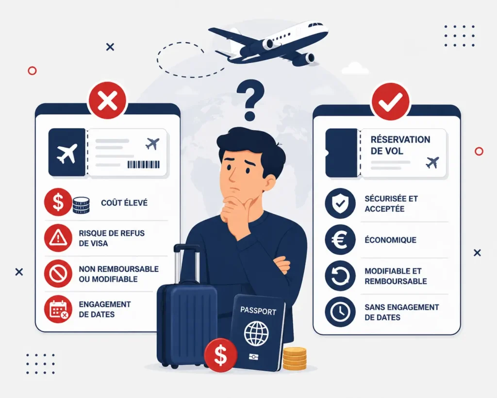 expliquant pourquoi éviter d’acheter un billet d’avion réel pour une demande de visa et privilégier une réservation