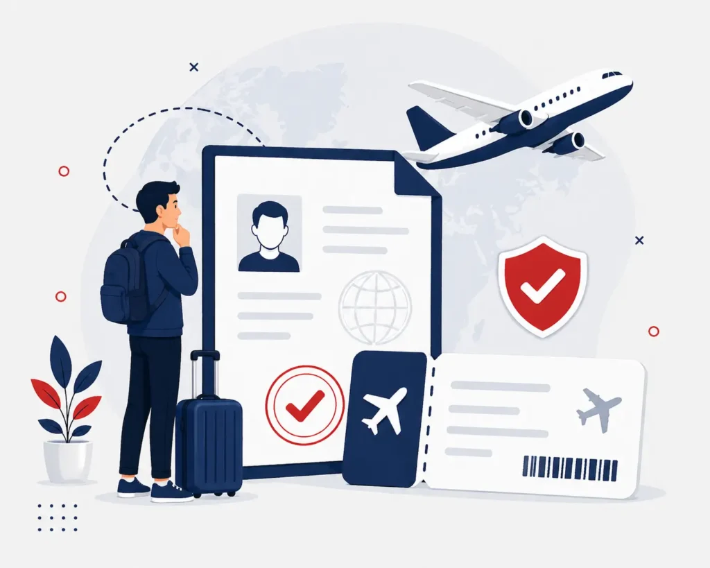 Un billet d’avion pour visa avec passeport, document de demande et validation